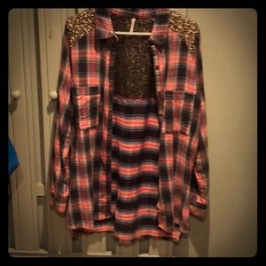 Long flannel Free People plaid shirt w/sequins